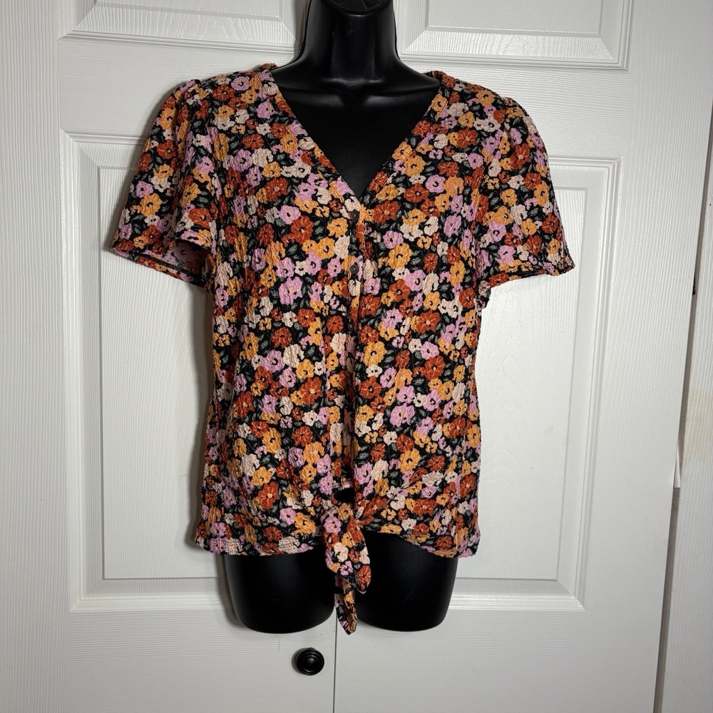 Loft‎ Floral Shirt Women S Pink Red Short Sleeve Button Up Front Tie V Neck Top